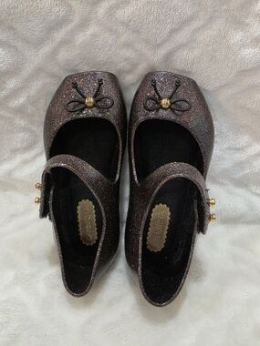 Mini Melissa Kids Sz 6 Toddler. Black Multicolor Glitter Mary Jane Ballet Shoes.